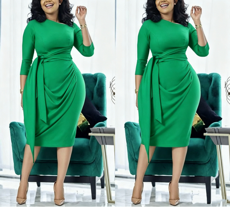 Slim-fit midi dress in lime green with waist tie and draped pleated front