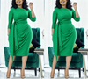 Slim-fit midi dress in lime green with waist tie and draped pleated front