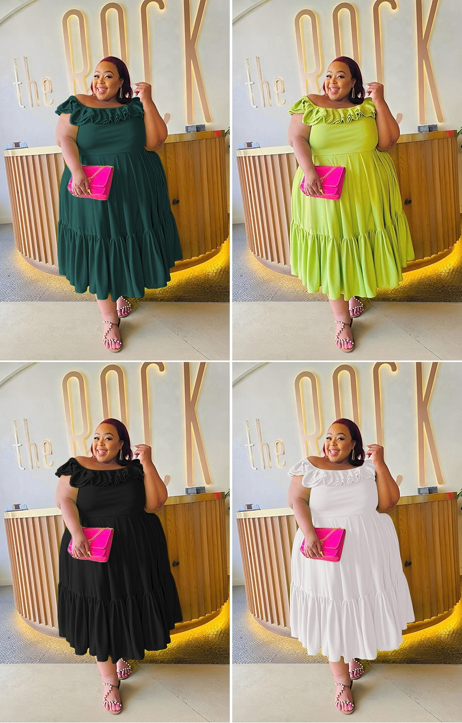 Off-shoulder ruffle tiered midi dress with tiered skirt; dark green, lime, black, or white.