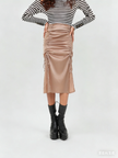 Dusty pink ruched midi skirt with adjustable stretch waistband and side ties