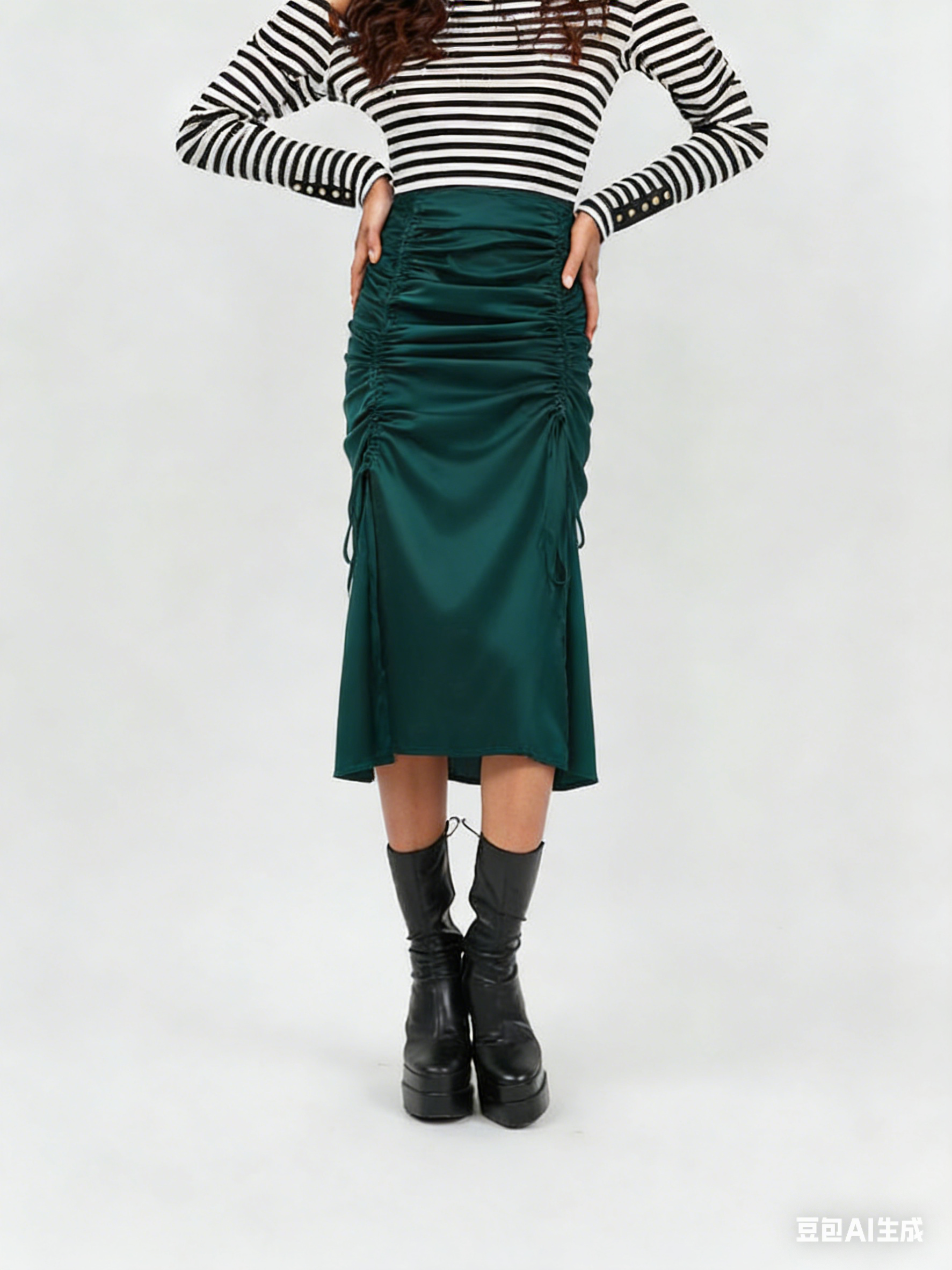 Dark green ruched midi skirt with adjustable stretch waistband and side ties