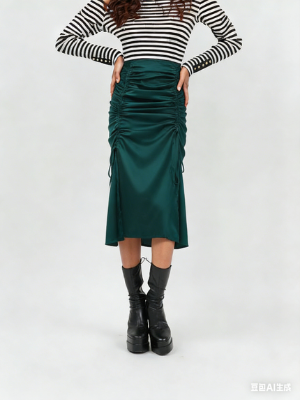 Dark green ruched midi skirt with adjustable stretch waistband and side ties