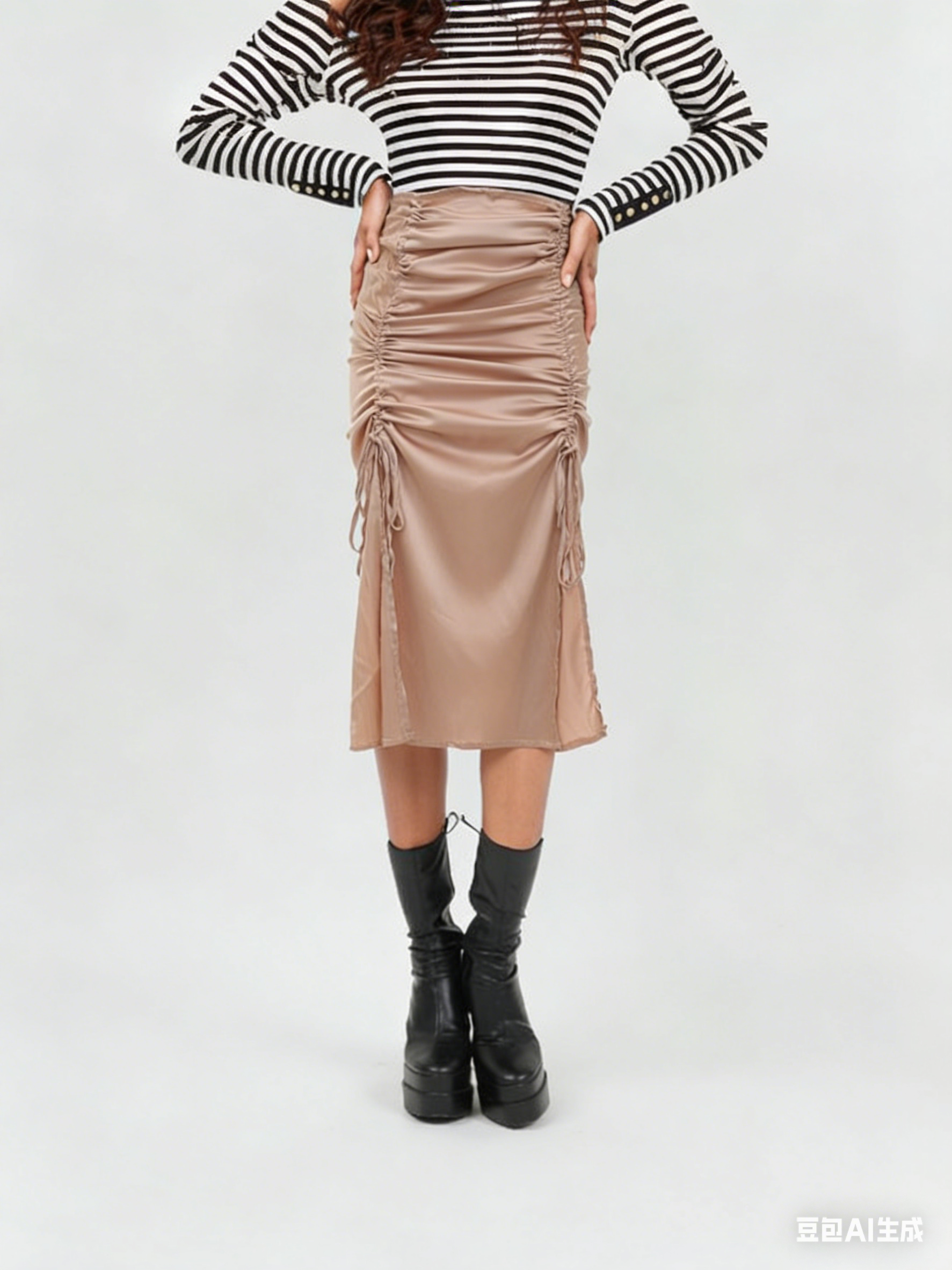 Dusty pink ruched midi skirt with adjustable stretch waistband and side ties