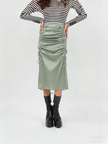 Light green ruched midi skirt with adjustable stretch waistband and drawstring sides