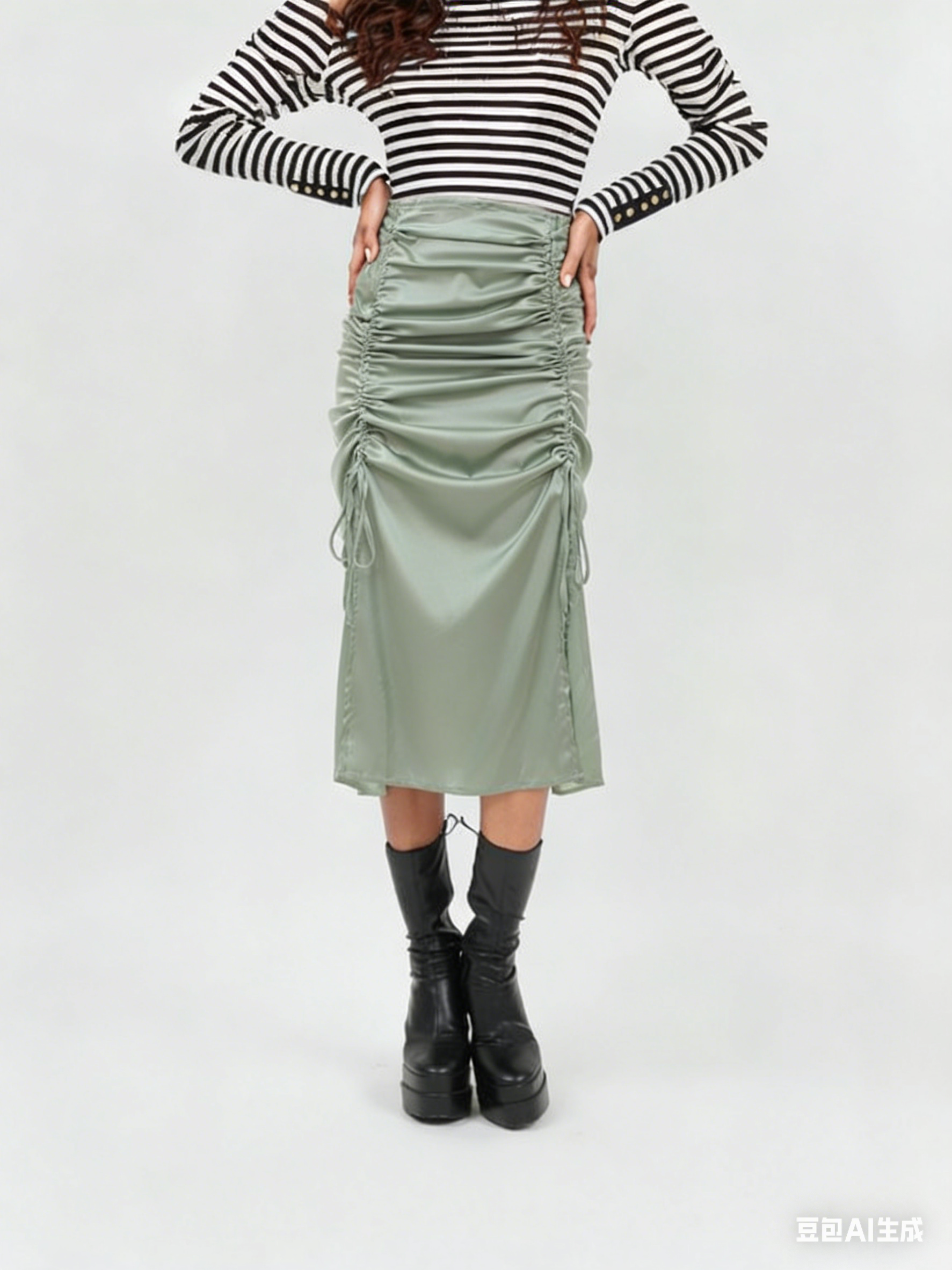 Light green ruched midi skirt with adjustable stretch waistband and drawstring sides