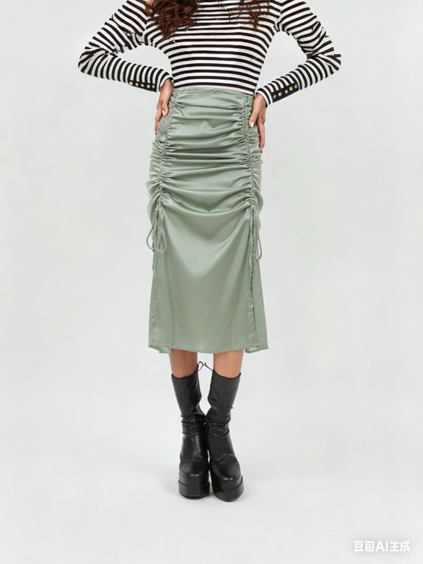 Light green ruched midi skirt with adjustable stretch waistband and drawstring sides