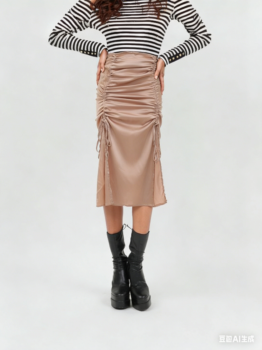 Dusty pink ruched midi skirt with adjustable stretch waistband and side ties