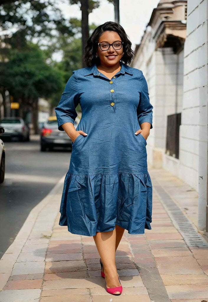 Blue midi dress with button-front polo collar, 3/4 sleeves, and pocketed tiered skirt