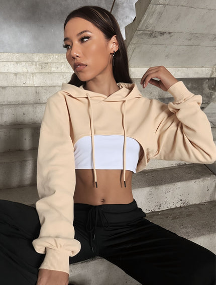 Beige off-shoulder cropped hoodie with drawstring hood and long sleeves