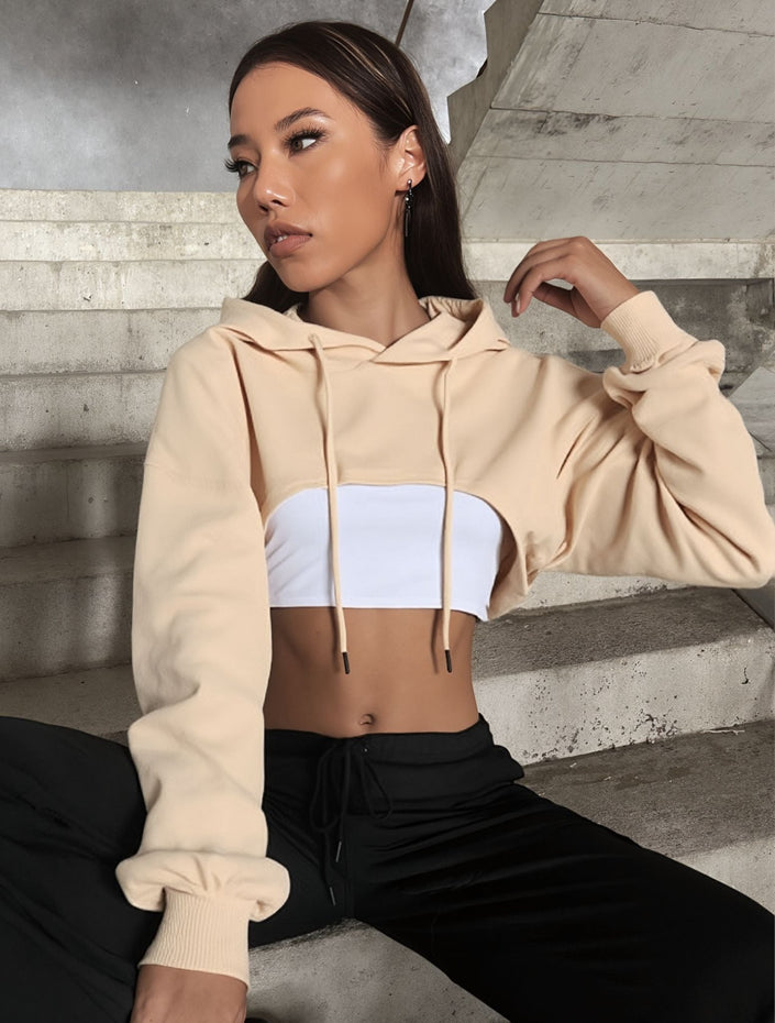 Beige off-shoulder cropped hoodie with drawstring hood and long sleeves