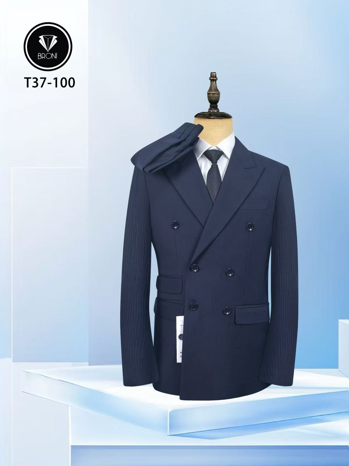 Navy pinstripe slim-fit suit jacket with matching vest, double-breasted design