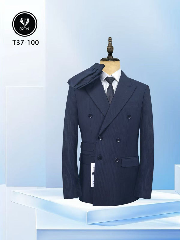 Navy pinstripe slim-fit suit jacket with matching vest, double-breasted design