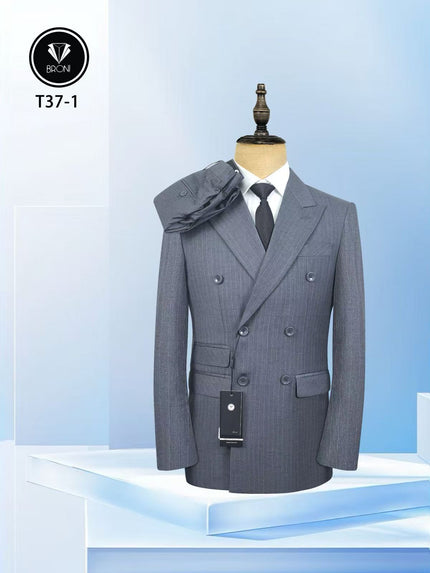 Grey pinstripe double-breasted suit jacket on mannequin