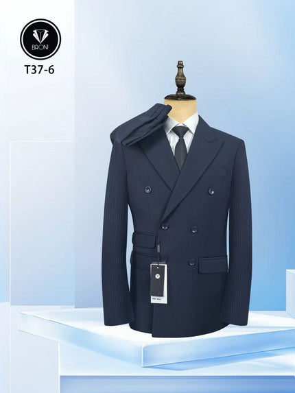 Navy pinstripe double-breasted suit jacket, buttoned front