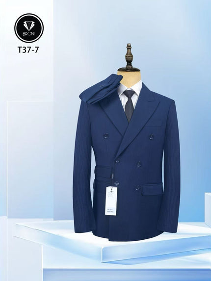 Blue pinstripe double-breasted suit set with waistcoat, jacket and trousers on mannequin