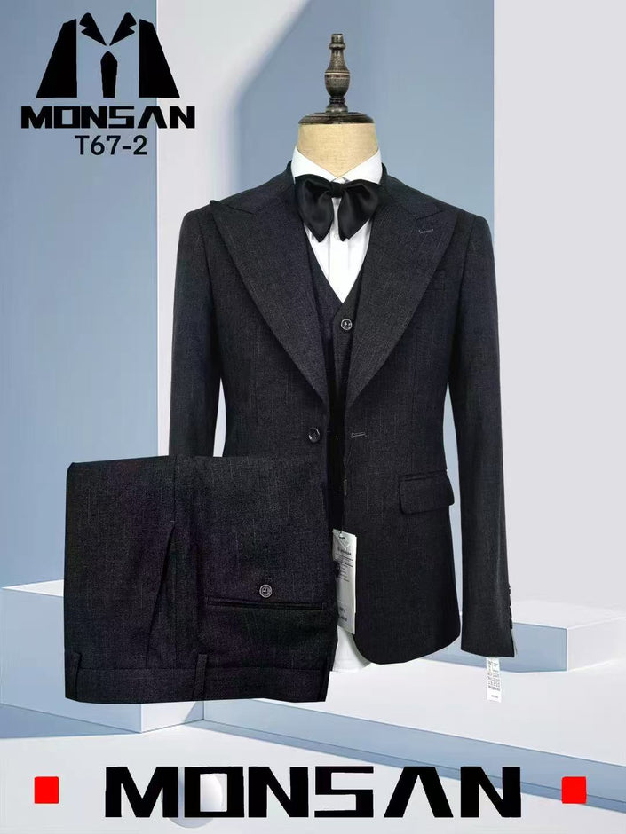 Dark grey men’s suit jacket with peak lapels and matching trousers, button front