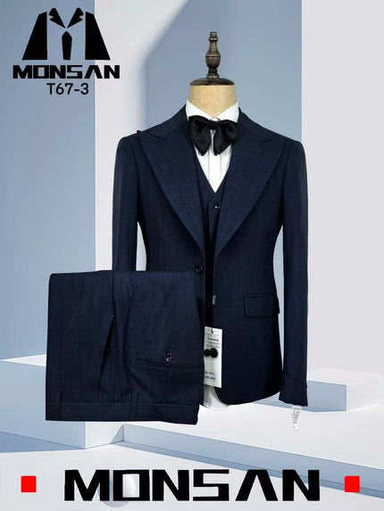 Navy pinstripe three-piece suit with peak lapel jacket, vest, and matching trousers