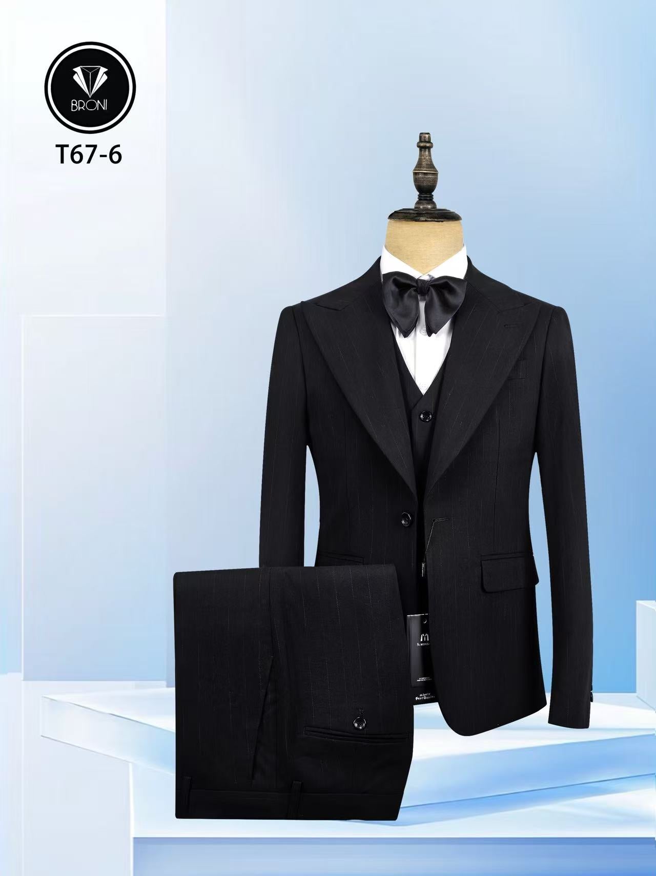 Men’s black pinstripe peak lapel 3-piece suit with vest, trousers and bow tie