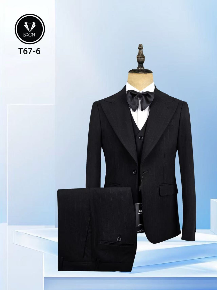 Men’s black pinstripe peak lapel 3-piece suit with vest, trousers and bow tie