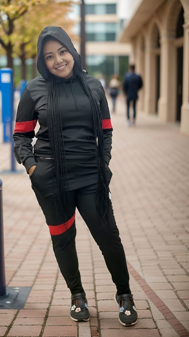 Black Two-Piece Tracksuit with Red Stripe Accents, Hooded Top and Fitted Pants