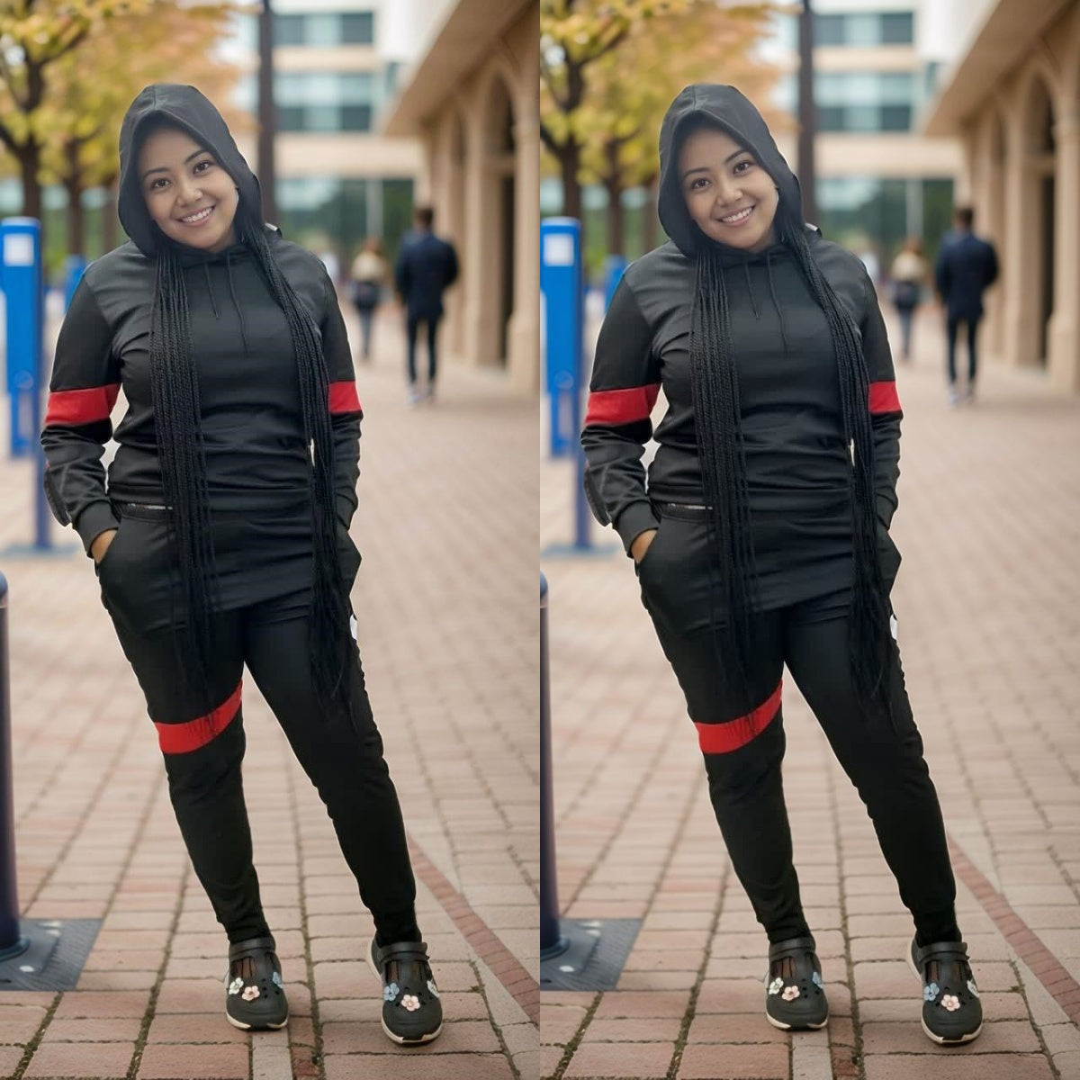 Black Tracksuit Two-Piece Hooded Top Red Stripe Pants