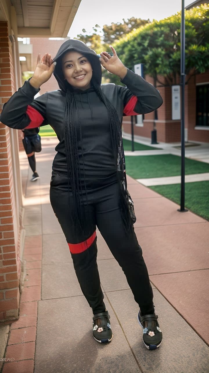 Black Two-Piece Tracksuit with Red Stripe Accents, Hooded Top and Fitted Pants