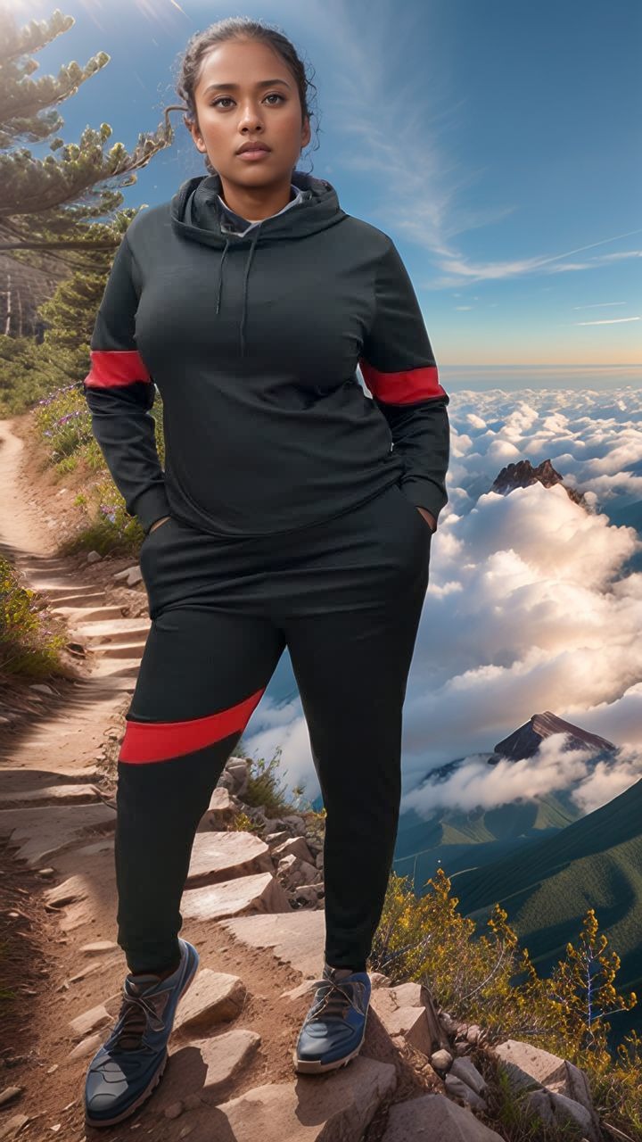 Black Two-Piece Tracksuit with Red Stripe Accents, Hooded Top and Fitted Pants