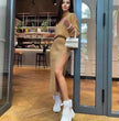 Tan bodycon knit midi dress with long sleeves and side slit