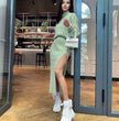 Mint-green bodycon knit midi dress with long sleeves and side slit