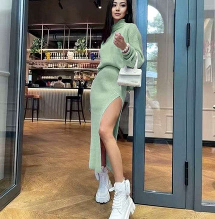 Mint-green long-sleeve bodycon knit dress with midi side slit