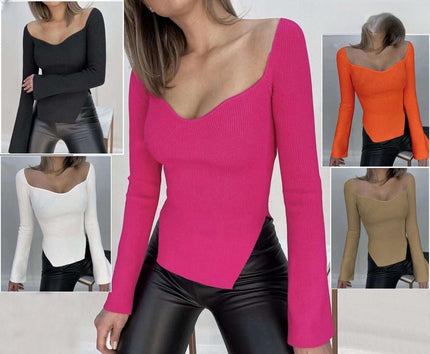 Knit slim fit V-neck top set: pink with inset views in black, orange, white, dark khaki