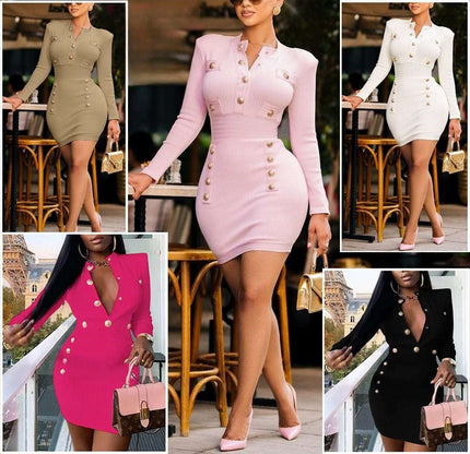 Bodycon knit button-detail dress with long sleeves and front buttons