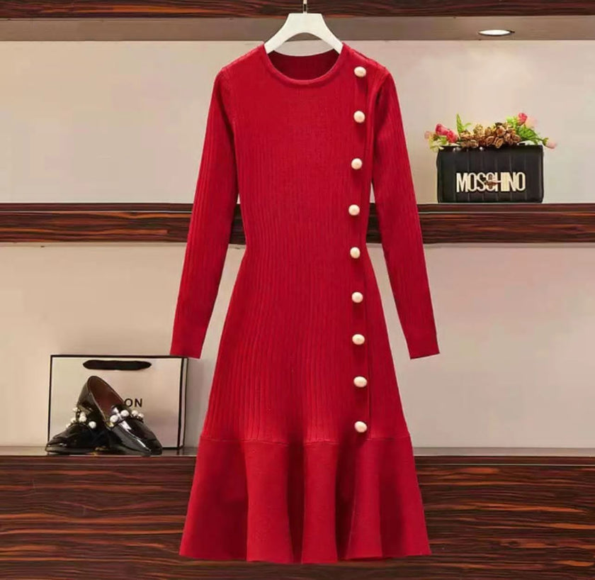 Women's Long Sleeve Knitted Dress with Vertical Stripes and Pearl Button Accents