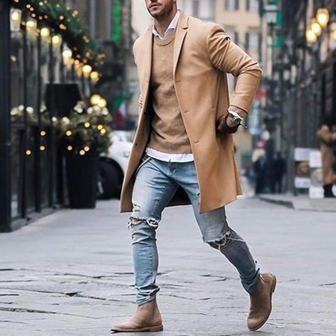 Nude slim fit long coat with notch lapels and three-button front