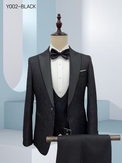 Black jacquard tuxedo suit with satin lapels, bow tie, and waistcoat, front view.