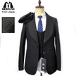 Black jacquard tuxedo jacket with shawl lapels, slim fit, worn with vest and striped tie