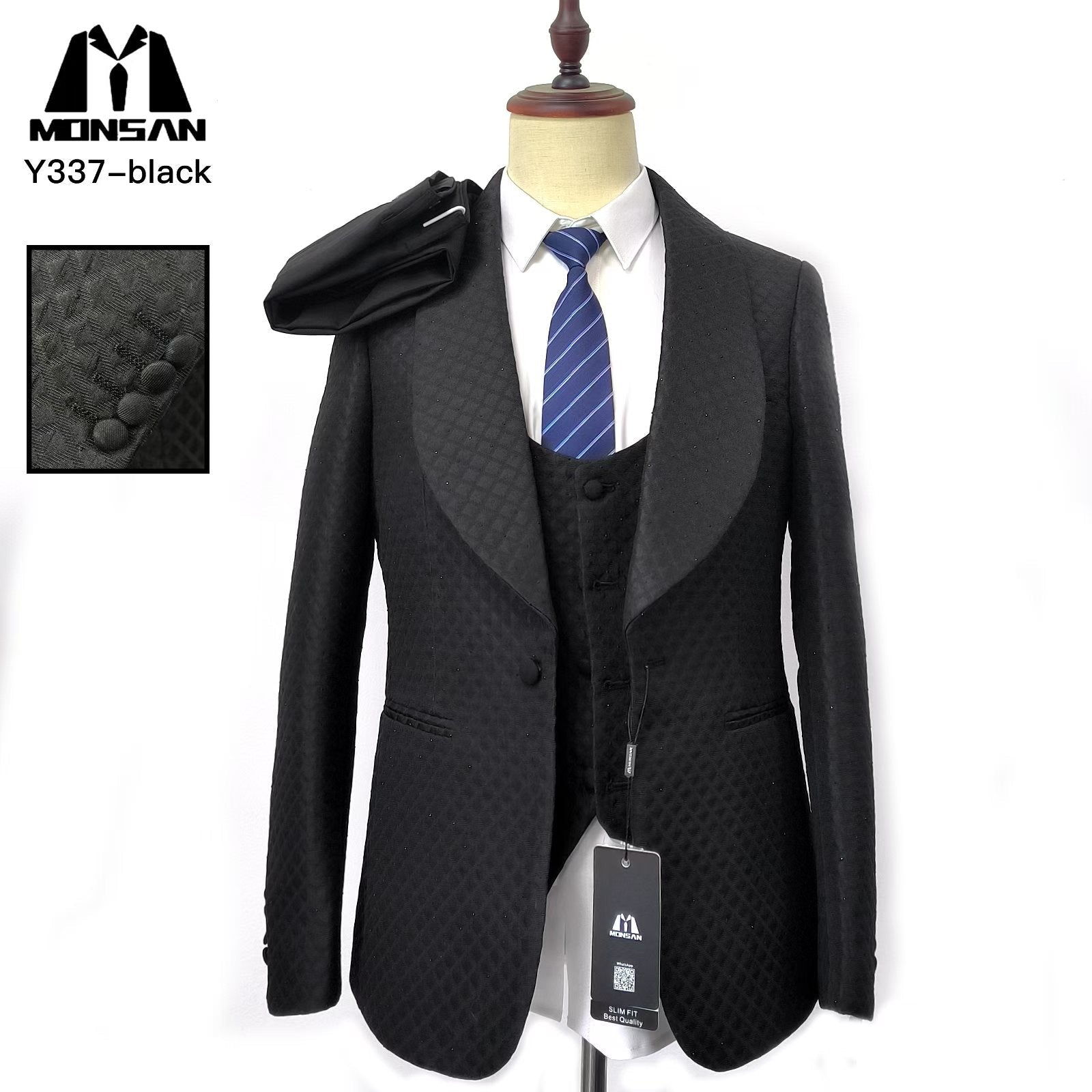 Black jacquard tuxedo jacket with shawl lapels, slim fit, worn with vest and striped tie