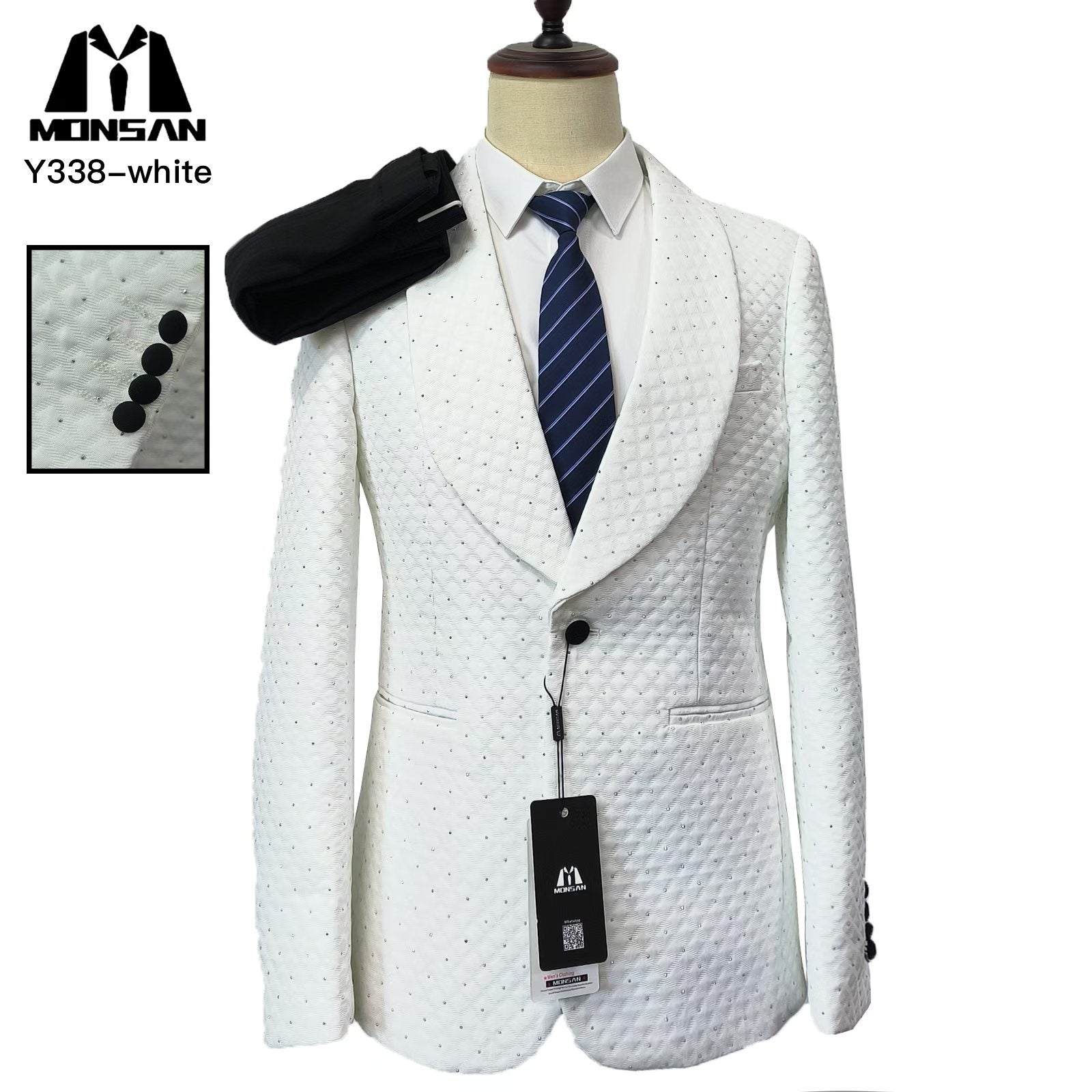 White sparkle slim-fit tuxedo jacket with notch lapels, single-breasted front, textured dots