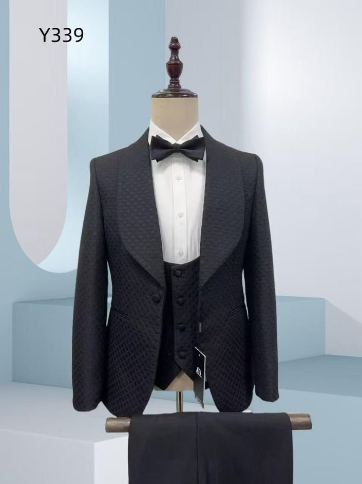 Black jacquard tuxedo suit with shawl lapel jacket, matching vest, and bow tie