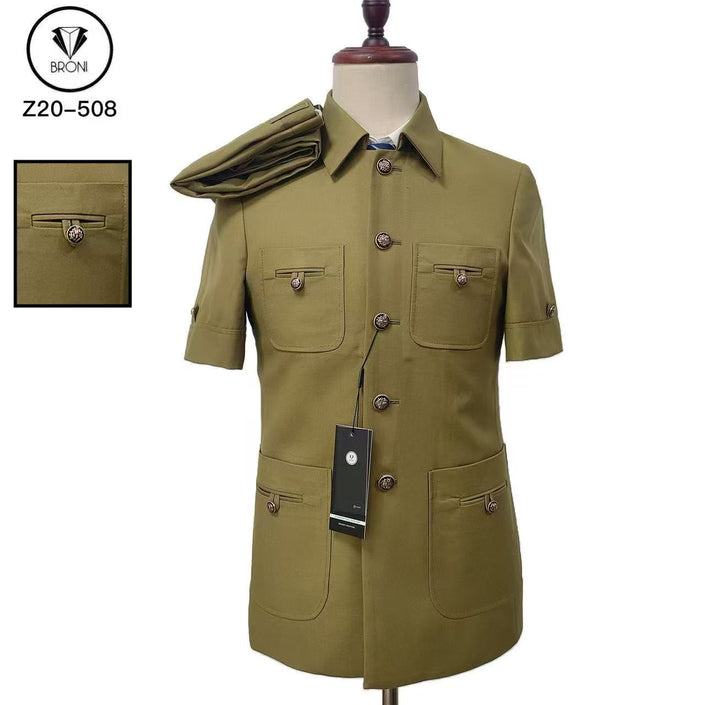 Olive short-sleeve safari jacket with button front and flap chest pockets