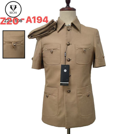 Tan safari suit short-sleeve shirt jacket with button front and multiple flap pockets