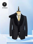 Black tuxedo suit set with shawl lapel jacket, vest, and necktie
