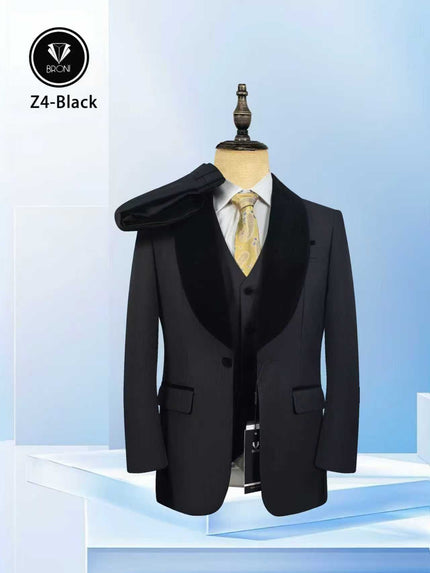 Black tuxedo suit set with shawl lapel jacket, vest, and necktie