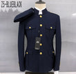 Navy military-style slim-fit jacket with gold buttons and flap chest pockets