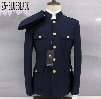 Navy military-style slim-fit jacket with gold buttons and flap chest pockets