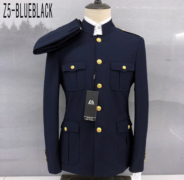 Navy military-style slim-fit jacket with gold buttons and flap chest pockets