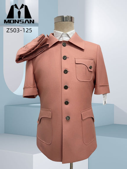 Blush safari short-sleeve jacket with button front and multiple chest and side pockets