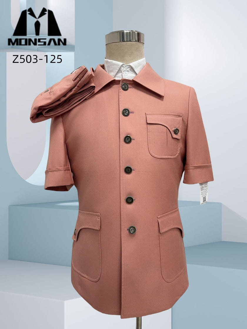 Blush safari short-sleeve jacket with button front and multiple chest and side pockets