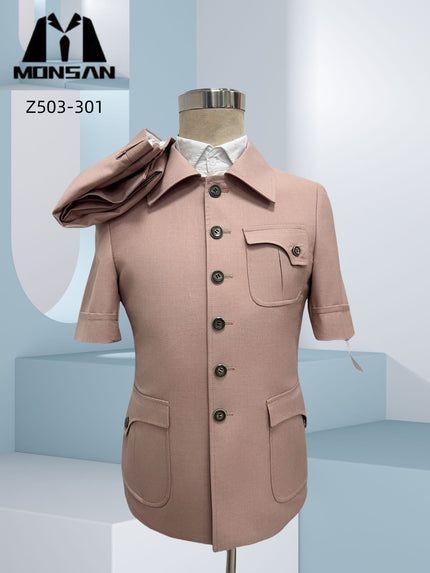Men's safari suit short-sleeve jacket with four buttons and multi pockets, light brown
