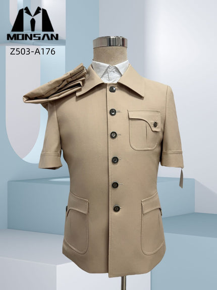 Khaki short-sleeve safari suit jacket with flap chest pocket, button front, two side pockets